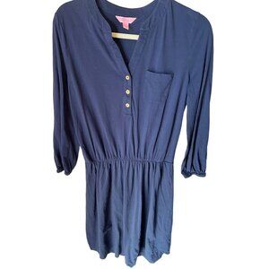Lilly Pulitzer Navy Blue Dress - Womens M - Button-Front Pocket 3/4 Sleeves Elas